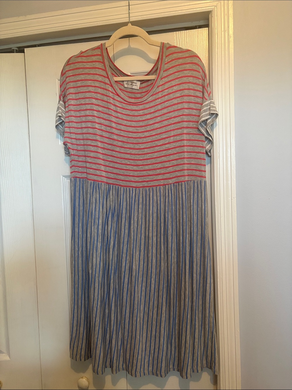 C Christian Los Angeles Pink, Blue and Gray Striped knit dress. NWOT